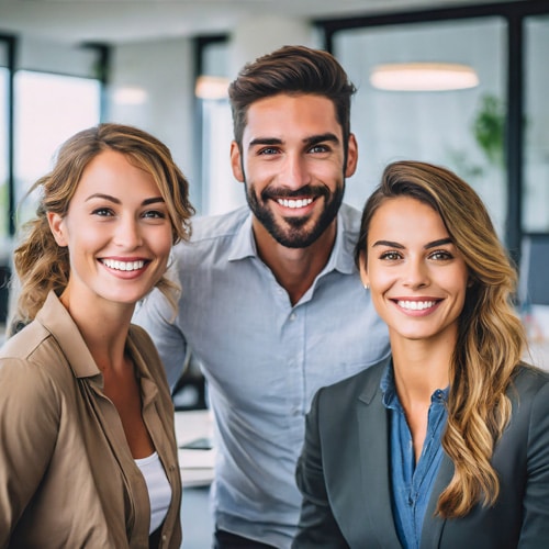 Photo d'une équipe de salariés dans un bureau moderne. Ils ont le sourire