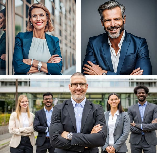 efficicience-consulting photos en haut à droite d'une femme en tailleur les bras croisés, en haut à gauche d'un homme en costume les bras croisés, en bas d'un groupe de cadres devant un immeuble