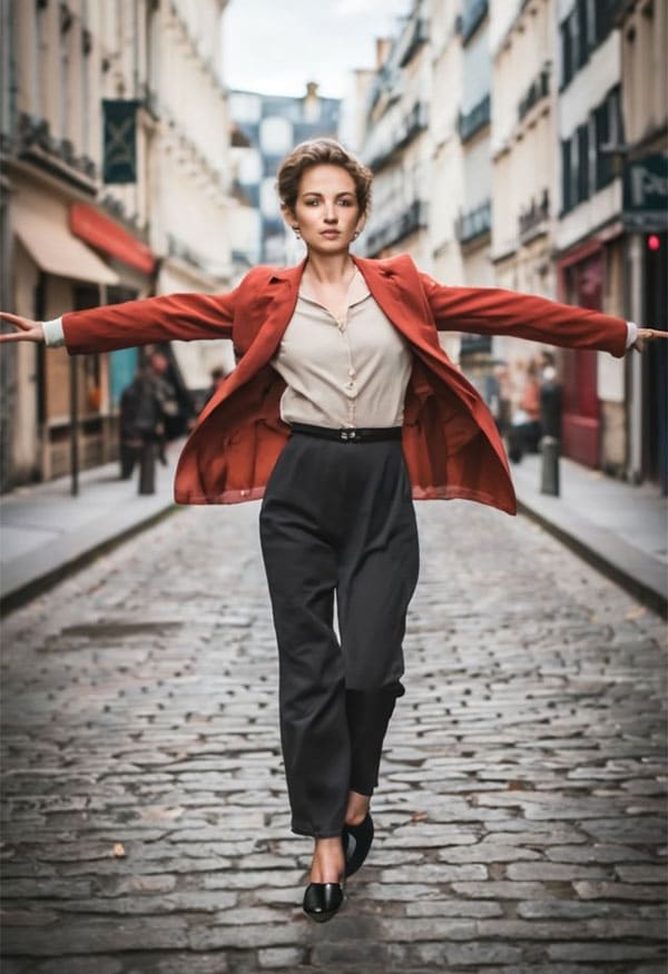 femme d'affaire en mouvement, elle est motivée et heureuse, dans une rue parisienne. posture évoquant l'envie de changement